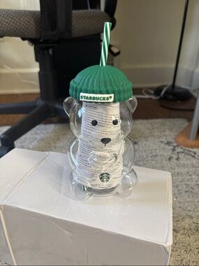 Starbucks Clear Bear Tumbler with Green Beanie Lid and Striped Straw